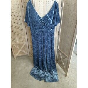 NWT Mori Lee 21790 Split Sleeve High Slit Dress Floral Velvet Gown in Slate Blue